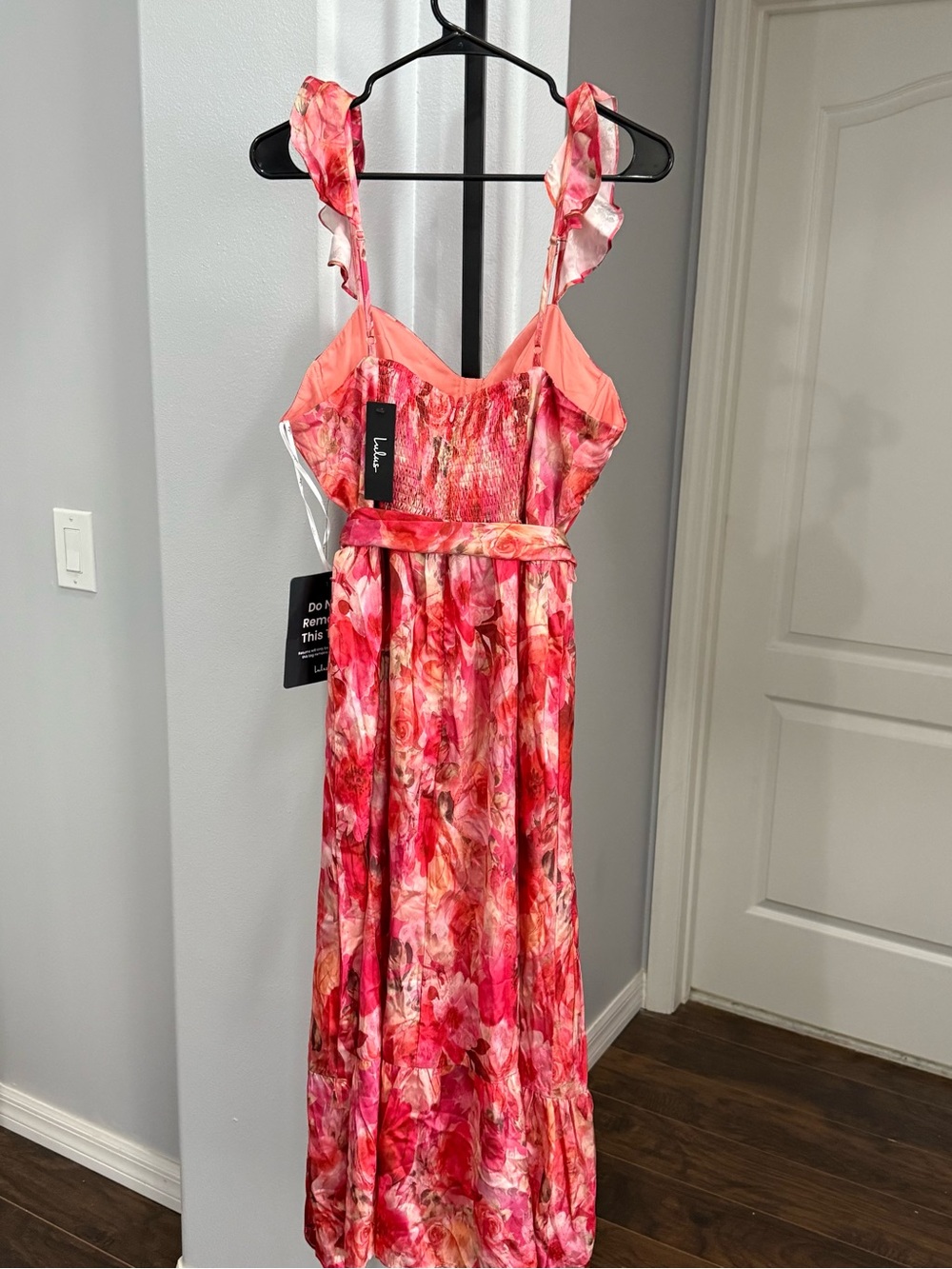 Lulus Sweet Like Sangria Pink Floral Ruffled Bustier Midi Dress - Size XL Flirty - Picture 7 of 8